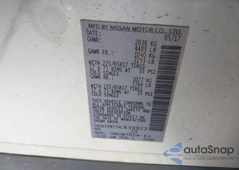 2017 Nissan Rogue Sv z USA, uszkodzony, nr VIN 5N1AT2MT7HC839922